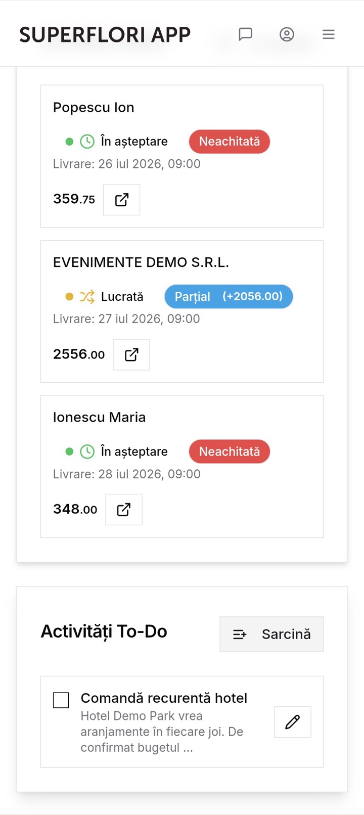 Ecranul principal cu comenzi active și activități de făcut
