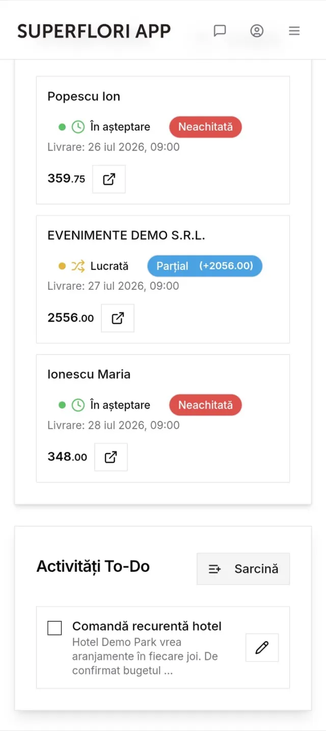 Ecranul principal cu comenzi active și activități de făcut
