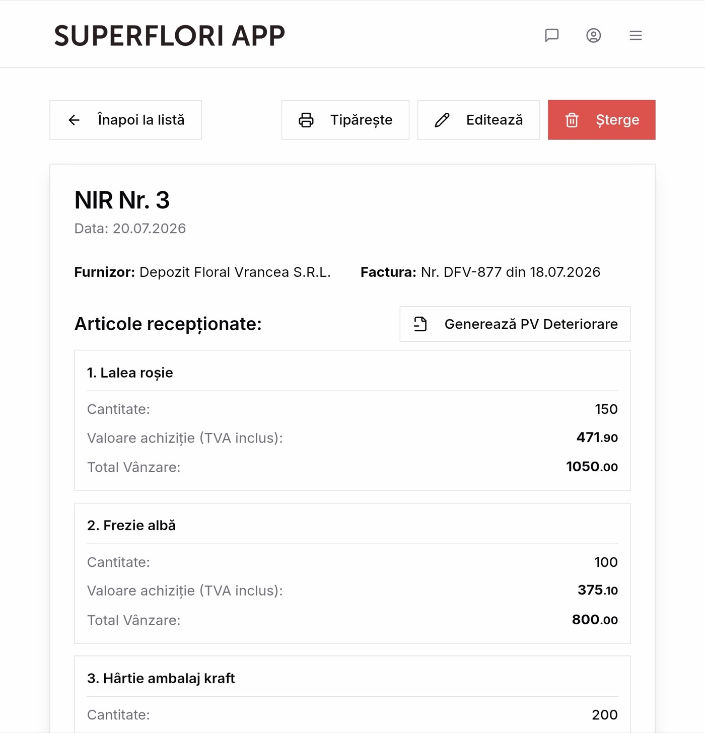 NIR creat în aplicație, cu articole recepționate și valori calculate