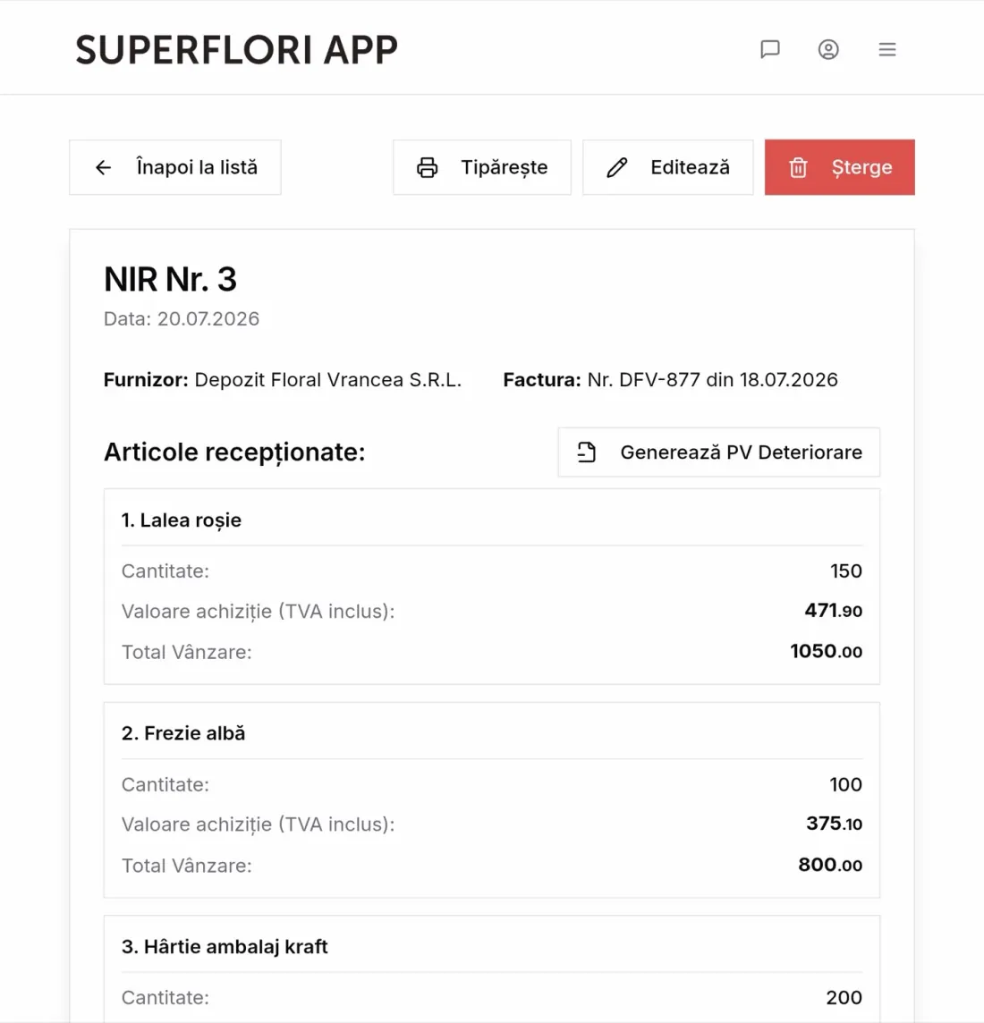 NIR creat în aplicație, cu articole recepționate și valori calculate