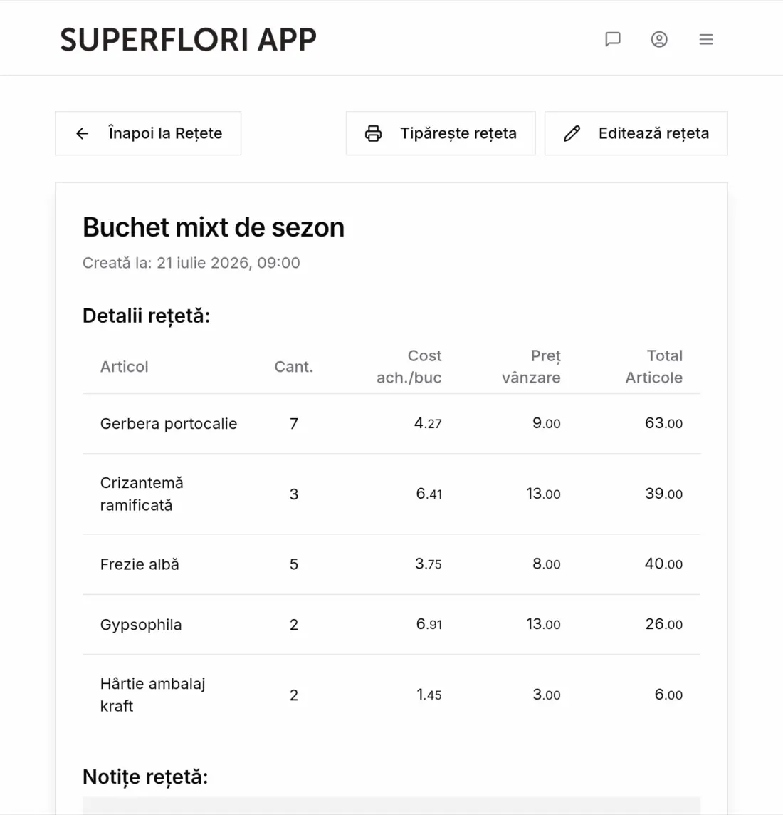 Detaliile unei rețete de buchet, cu costuri și prețuri pe articol
